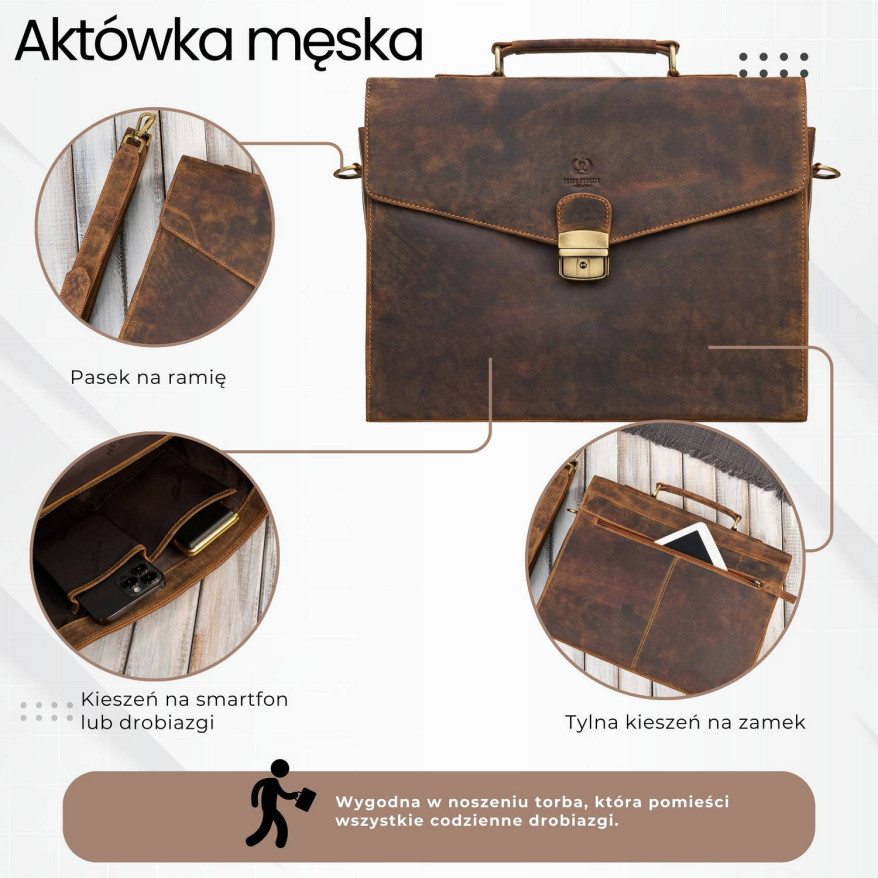 Męska skórzana aktówka brązowa na dokumenty teczka na ramie z kluczykiem vintage T-146-HBR