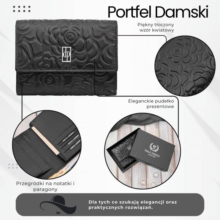 Portfel damski skórzany czarny w orientacji poziomej RFID Paolo Peruzzi AL-15-BL