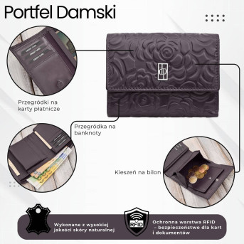 Portfel damski skórzany burgundowy w orientacji poziomej RFID AL-15-BGD