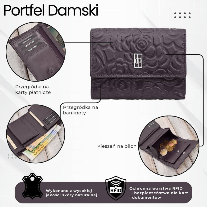 Portfel damski skórzany burgundowy w orientacji poziomej RFID AL-15-BGD