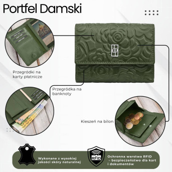 Portfel damski skórzany zielony w orientacji poziomej RFID AL-15-GB