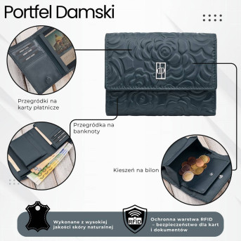 Portfel damski skórzany granatowy w orientacji poziomej RFID AL-15-NV