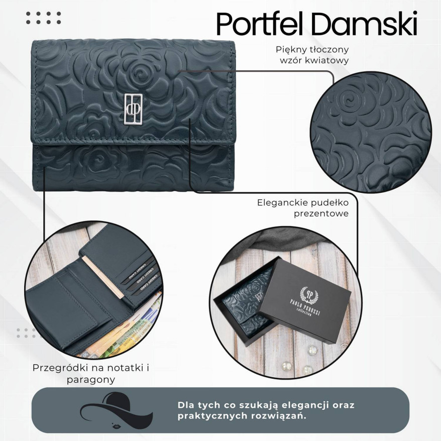 Portfel damski skórzany granatowy w orientacji poziomej RFID AL-15-NV