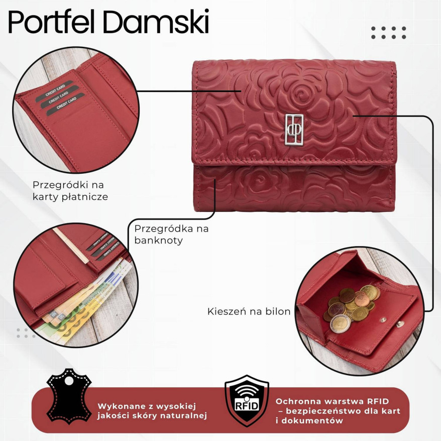 Portfel damski skórzany czerwony w orientacji poziomej RFID AL-15-RD