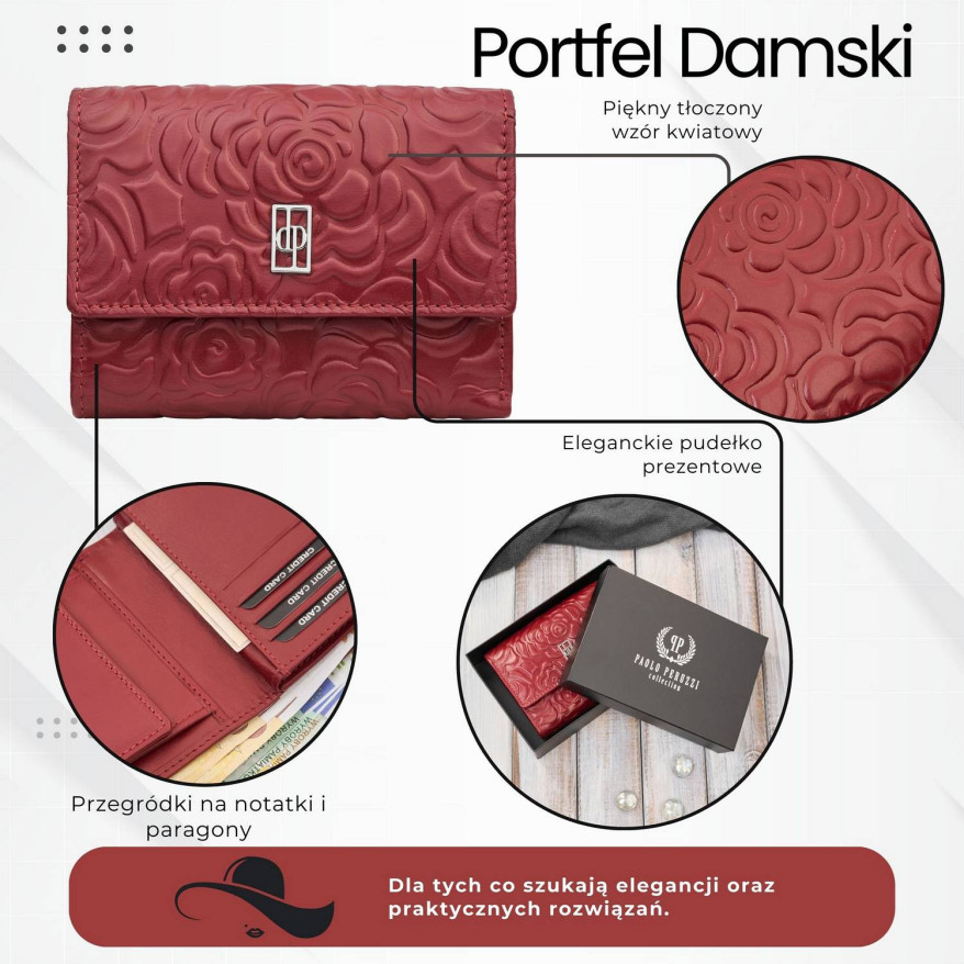 Portfel damski skórzany czerwony w orientacji poziomej RFID AL-15-RD