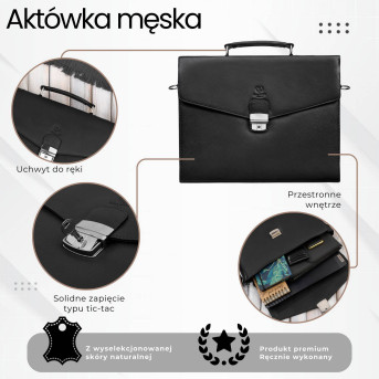 Męska aktówka ze skóry naturalnej czarna na dokumenty teczka na ramie z kluczykiem T-146-BL