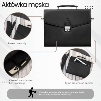 Męska aktówka ze skóry naturalnej czarna na dokumenty teczka na ramie z kluczykiem T-146-BL