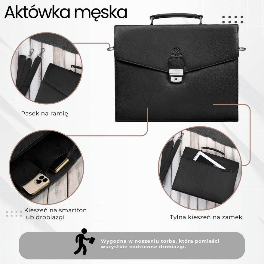 Męska aktówka ze skóry naturalnej czarna na dokumenty teczka na ramie z kluczykiem T-146-BL