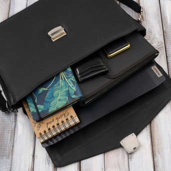 Męska aktówka ze skóry naturalnej czarna na dokumenty teczka na ramie z kluczykiem T-146-BL