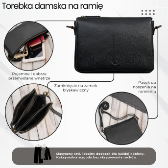 Torebka damska skórzana na ramię czarna kompaktowa listonoszka IM-04-BL