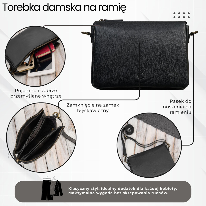 Torebka damska skórzana na ramię czarna kompaktowa listonoszka IM-04-BL