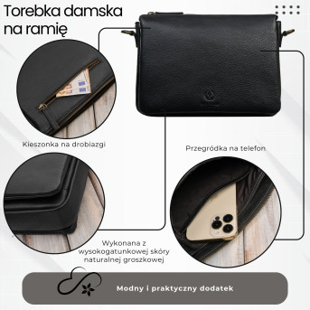 Torebka damska skórzana na ramię czarna kompaktowa listonoszka IM-04-BL