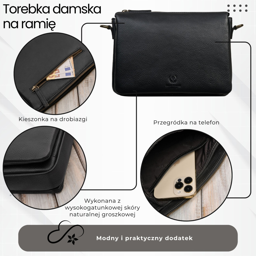 Torebka damska skórzana na ramię czarna kompaktowa listonoszka IM-04-BL