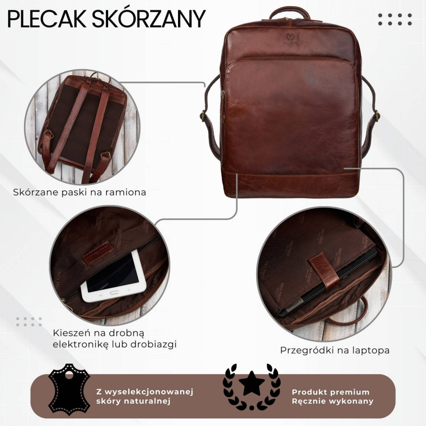 Plecak męski skórzany vintage na laptopa miejski brązowy pojemny IM-07-CG