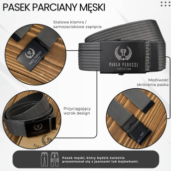 Pasek męski 125 cm parciany grafitowy PW-28-125 pasek do spodni Paolo Peruzzi