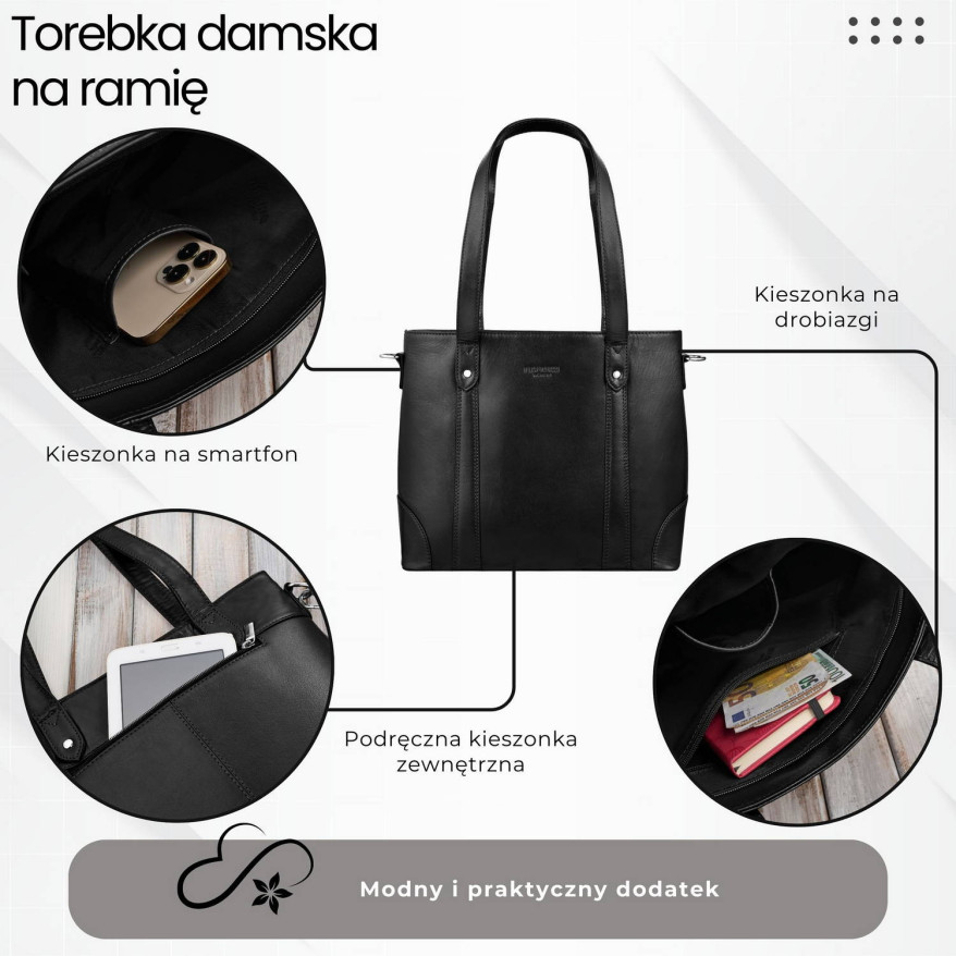 Torebka damska skórzana na ramię duża czarna Paolo Peruzzi