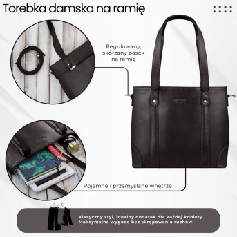 Torebka damska skórzana na ramię brązowa pojemna shopper bag Paolo Peruzzi