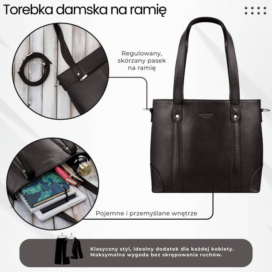Torebka damska skórzana na ramię brązowa pojemna shopper bag Paolo Peruzzi