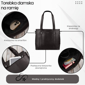 Torebka damska skórzana na ramię brązowa pojemna shopper bag Paolo Peruzzi