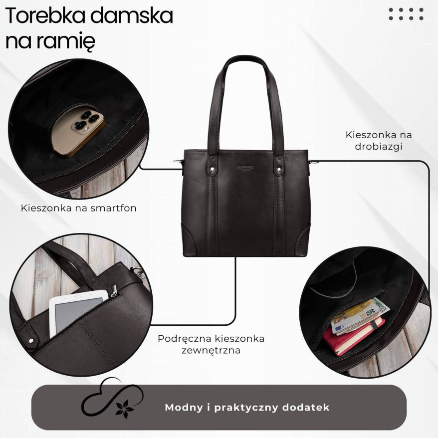 Torebka damska skórzana na ramię brązowa pojemna shopper bag Paolo Peruzzi