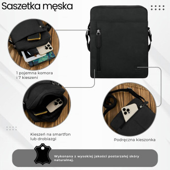 Saszetka męska skórzana na ramię czarna listonoszka vintage