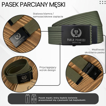 Pasek do spodni męski parciany 125 cm pasek z klamrą ciemnozielony PW-29-125