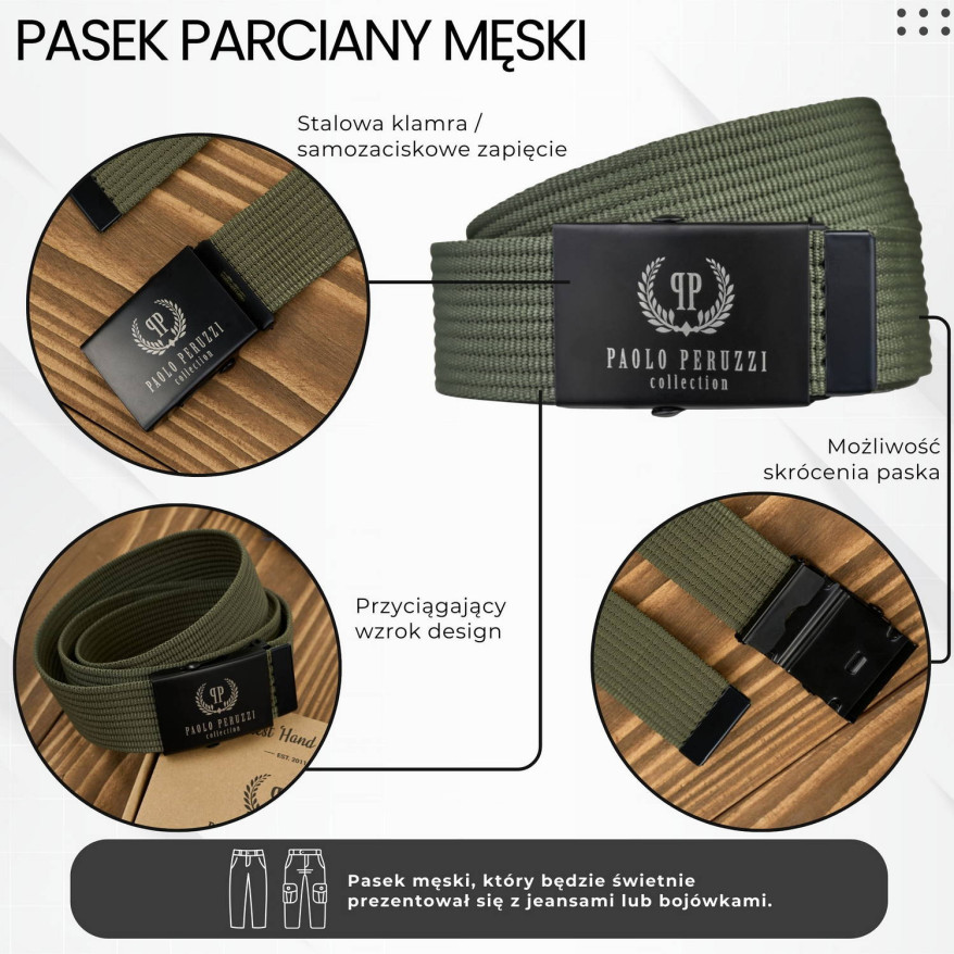 Pasek do spodni męski parciany 125 cm pasek z klamrą ciemnozielony PW-29-125