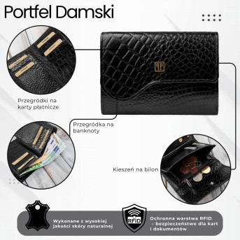 Portfel damski skórzany mały croco czarny Paolo Peruzzi