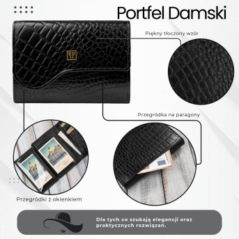 Portfel damski skórzany mały croco czarny Paolo Peruzzi