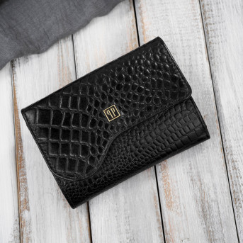 Portfel damski skórzany mały croco czarny Paolo Peruzzi