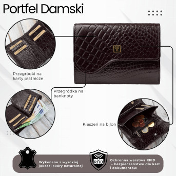 Portfel damski skórzany croco brązowy mały w orientacji poziomej z RFID T-135-BR
