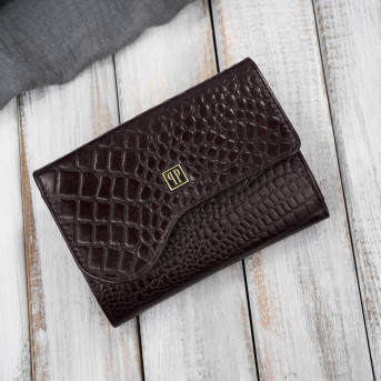 Portfel damski skórzany croco brązowy mały w orientacji poziomej z RFID T-135-BR