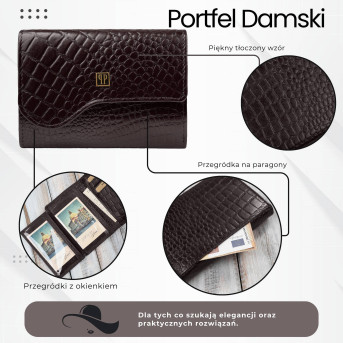 Portfel damski skórzany croco brązowy mały w orientacji poziomej z RFID T-135-BR