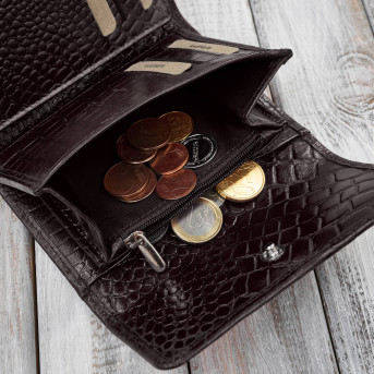 Portfel damski skórzany croco brązowy mały w orientacji poziomej z RFID T-135-BR