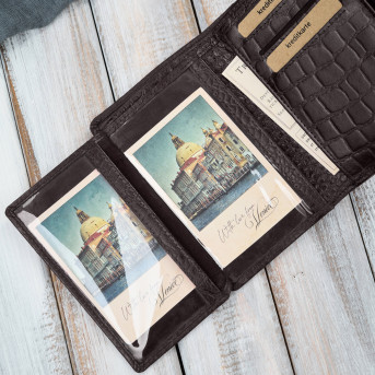 Portfel damski skórzany croco brązowy mały w orientacji poziomej z RFID T-135-BR