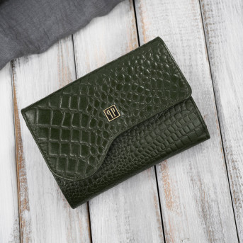 Portfel damski skórzany mały ciemnozielony croco w orientacji poziomej z RFID Paolo Peruzzi