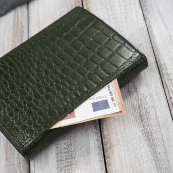 Portfel damski skórzany mały ciemnozielony croco w orientacji poziomej z RFID Paolo Peruzzi