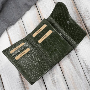 Portfel damski skórzany mały ciemnozielony croco w orientacji poziomej z RFID Paolo Peruzzi