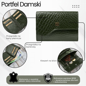 Portfel damski skórzany mały ciemnozielony croco w orientacji poziomej z RFID Paolo Peruzzi
