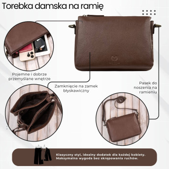 Torebka damska skórzana na ramię brązowa kompaktowa listonoszka IM-04-BR