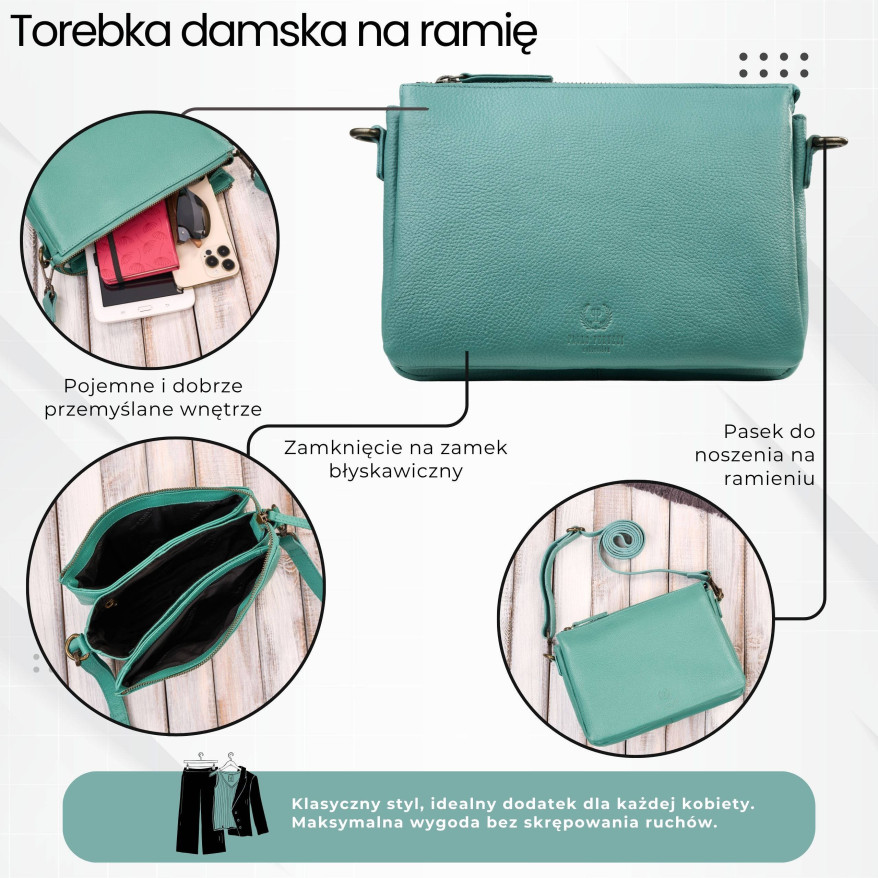 Torebka damska skórzana na ramię turkusowa kompaktowa listonoszka IM-04-AQ