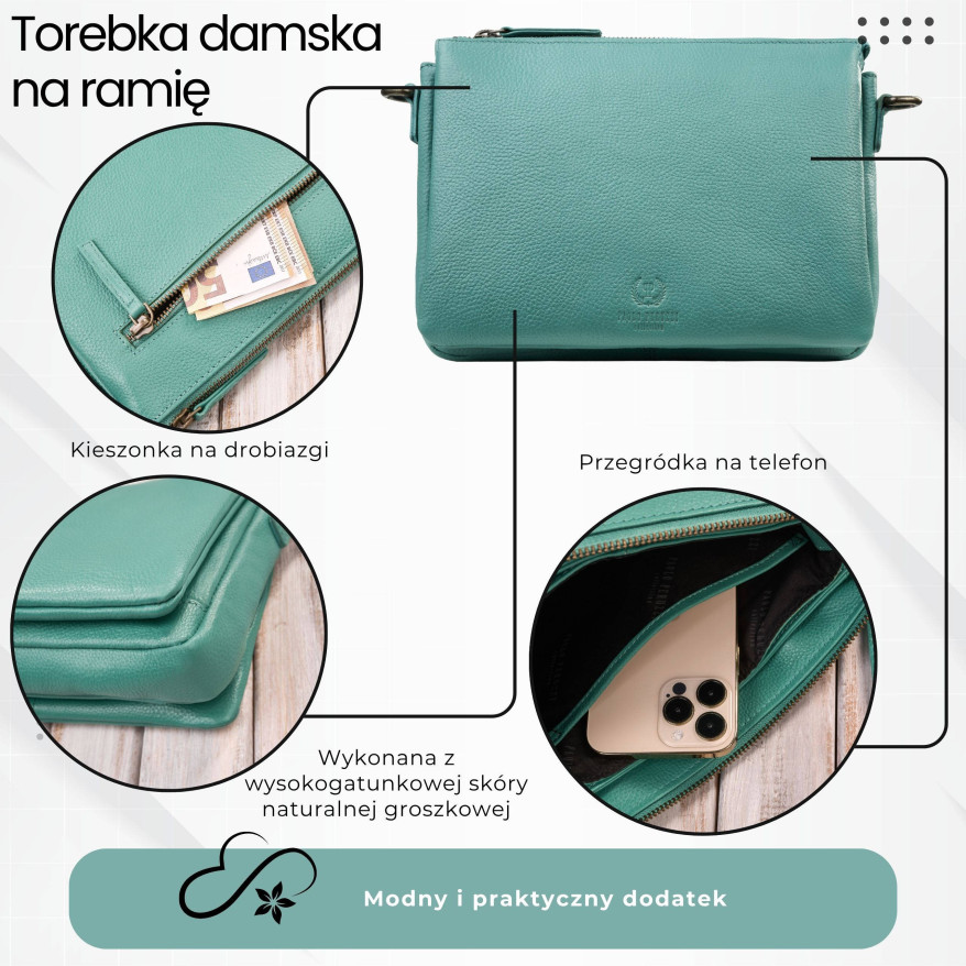 Torebka damska skórzana na ramię turkusowa kompaktowa listonoszka IM-04-AQ