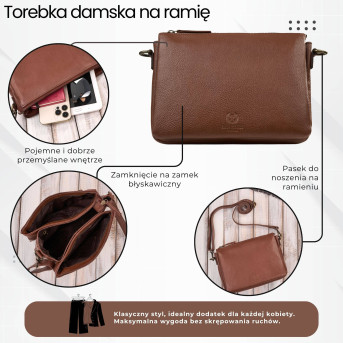 Torebka damska skórzana na ramię koniakowa kompaktowa listonoszka IM-04-CG