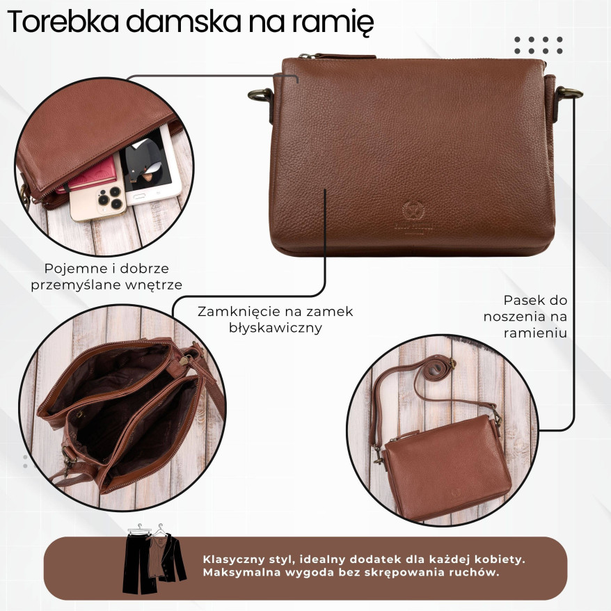 Torebka damska skórzana na ramię koniakowa kompaktowa listonoszka IM-04-CG