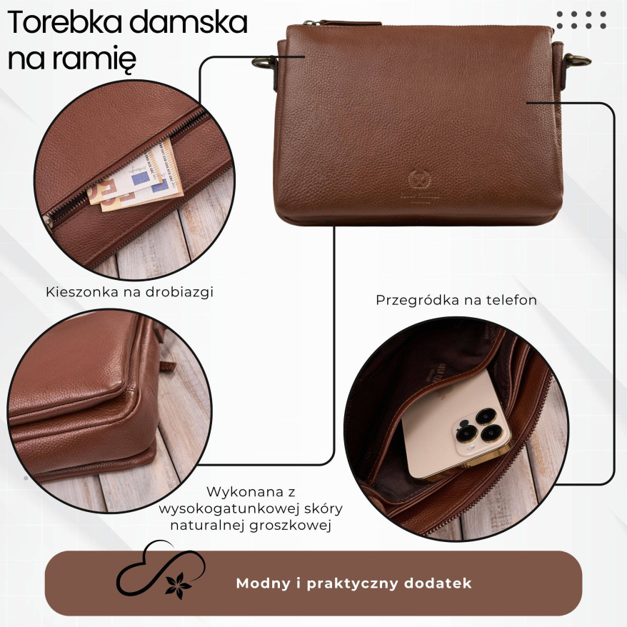 Torebka damska skórzana na ramię koniakowa kompaktowa listonoszka IM-04-CG