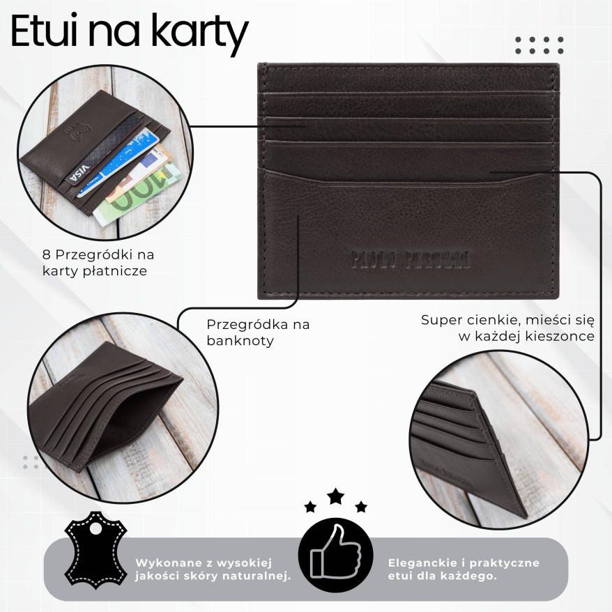 Skórzane etui na karty kredytowe z RFID klasyczne brązowe z wycięciem