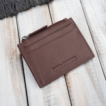 Skórzane etui na karty z kieszonką na suwak RFID koniakowe