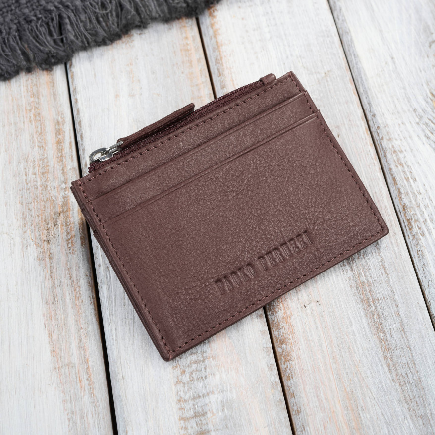 Skórzane etui na karty z kieszonką na suwak RFID koniakowe
