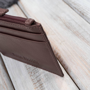 Skórzane etui na karty z kieszonką na suwak RFID koniakowe