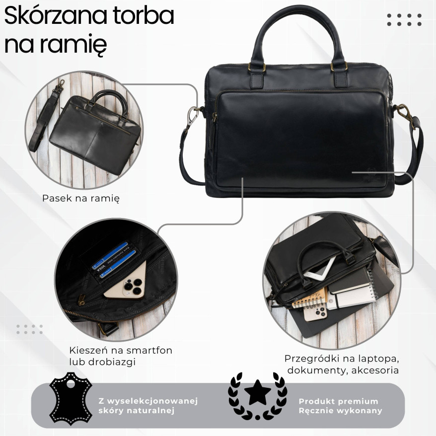Torba męska na ramię skórzana na laptopa dokumenty A4 Paolo Peruzzi